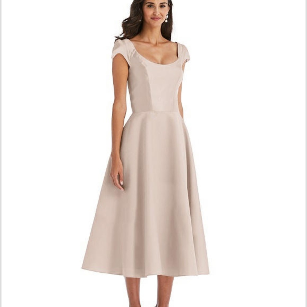 Alfred Sung Puff Cap Sleeve Full Skirt Satin Midi Dress Sz 8 - Picture 16 of 16
